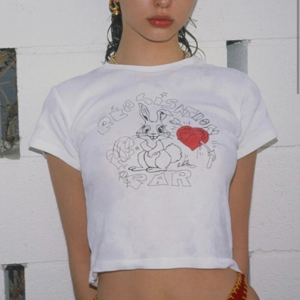 Re/Done x Realisation Par White Crop Tee with Red Heart Graphic
